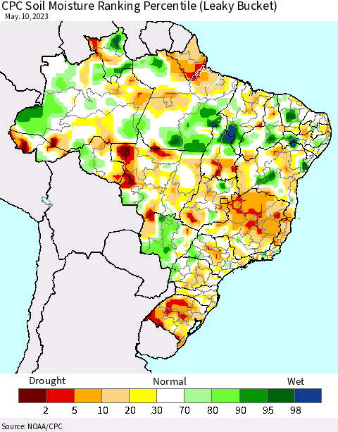 Brazil CPC Soil Moisture Ranking Percentile (Leaky Bucket) Thematic Map For 5/6/2023 - 5/10/2023