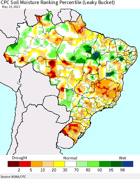 Brazil CPC Soil Moisture Ranking Percentile (Leaky Bucket) Thematic Map For 5/11/2023 - 5/15/2023