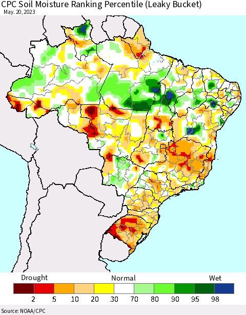 Brazil CPC Soil Moisture Ranking Percentile (Leaky Bucket) Thematic Map For 5/16/2023 - 5/20/2023