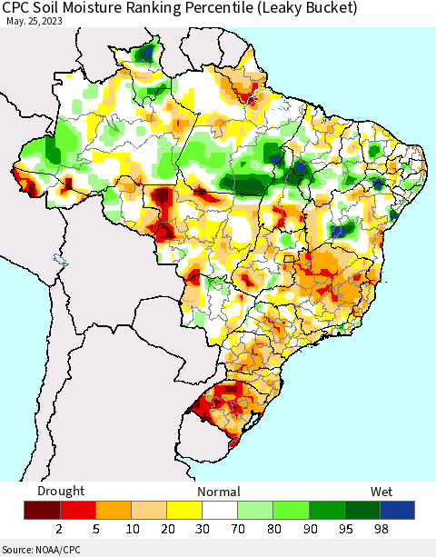 Brazil CPC Soil Moisture Ranking Percentile (Leaky Bucket) Thematic Map For 5/21/2023 - 5/25/2023