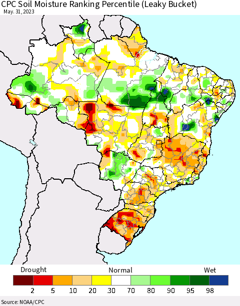 Brazil CPC Soil Moisture Ranking Percentile (Leaky Bucket) Thematic Map For 5/26/2023 - 5/31/2023
