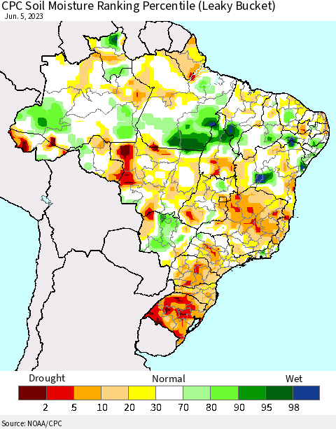 Brazil CPC Soil Moisture Ranking Percentile (Leaky Bucket) Thematic Map For 6/1/2023 - 6/5/2023