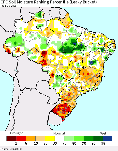 Brazil CPC Soil Moisture Ranking Percentile (Leaky Bucket) Thematic Map For 6/6/2023 - 6/10/2023