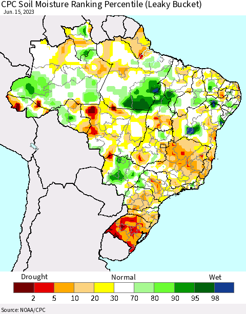 Brazil CPC Soil Moisture Ranking Percentile (Leaky Bucket) Thematic Map For 6/11/2023 - 6/15/2023