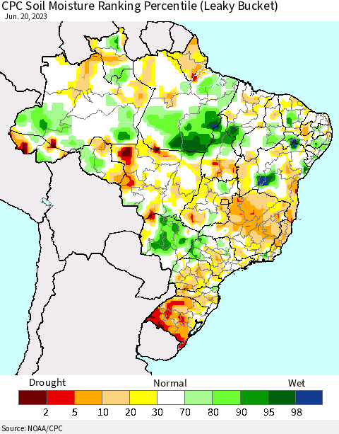 Brazil CPC Soil Moisture Ranking Percentile (Leaky Bucket) Thematic Map For 6/16/2023 - 6/20/2023