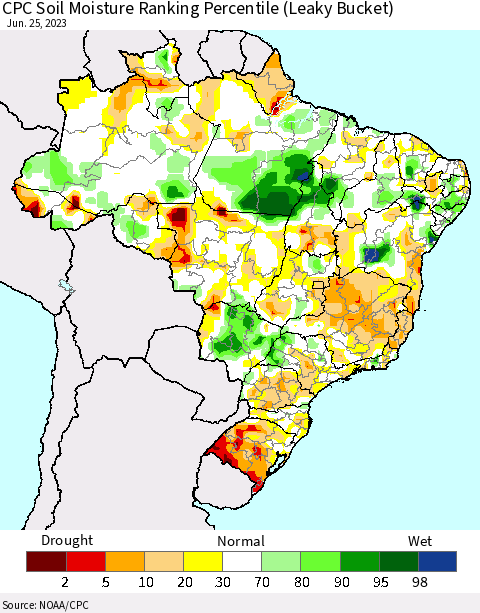 Brazil CPC Soil Moisture Ranking Percentile (Leaky Bucket) Thematic Map For 6/21/2023 - 6/25/2023