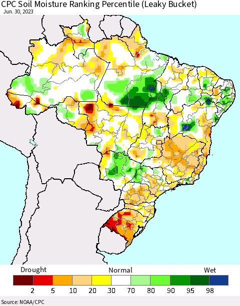 Brazil CPC Soil Moisture Ranking Percentile (Leaky Bucket) Thematic Map For 6/26/2023 - 6/30/2023