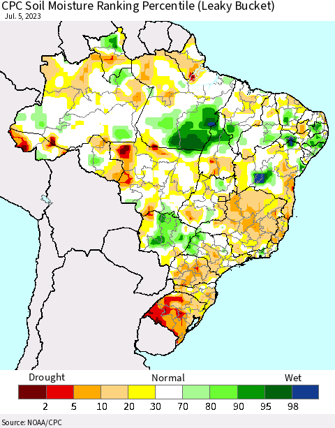 Brazil CPC Soil Moisture Ranking Percentile (Leaky Bucket) Thematic Map For 7/1/2023 - 7/5/2023