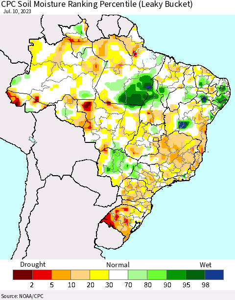 Brazil CPC Soil Moisture Ranking Percentile (Leaky Bucket) Thematic Map For 7/6/2023 - 7/10/2023