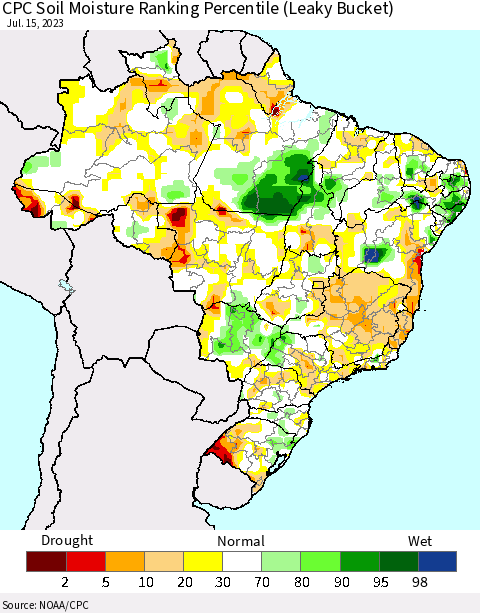 Brazil CPC Soil Moisture Ranking Percentile (Leaky Bucket) Thematic Map For 7/11/2023 - 7/15/2023