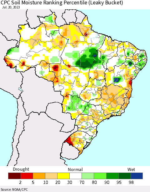 Brazil CPC Soil Moisture Ranking Percentile (Leaky Bucket) Thematic Map For 7/16/2023 - 7/20/2023