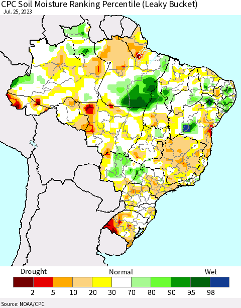 Brazil CPC Soil Moisture Ranking Percentile (Leaky Bucket) Thematic Map For 7/21/2023 - 7/25/2023