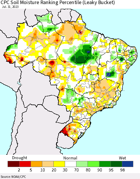 Brazil CPC Soil Moisture Ranking Percentile (Leaky Bucket) Thematic Map For 7/26/2023 - 7/31/2023