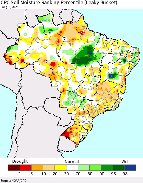Brazil CPC Soil Moisture Ranking Percentile (Leaky Bucket) Thematic Map For 8/1/2023 - 8/5/2023