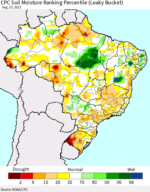 Brazil CPC Soil Moisture Ranking Percentile (Leaky Bucket) Thematic Map For 8/6/2023 - 8/10/2023