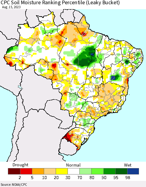 Brazil CPC Soil Moisture Ranking Percentile (Leaky Bucket) Thematic Map For 8/11/2023 - 8/15/2023
