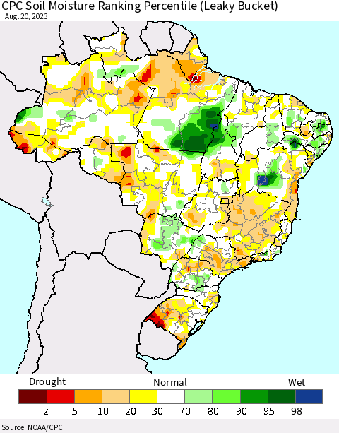Brazil CPC Soil Moisture Ranking Percentile (Leaky Bucket) Thematic Map For 8/16/2023 - 8/20/2023