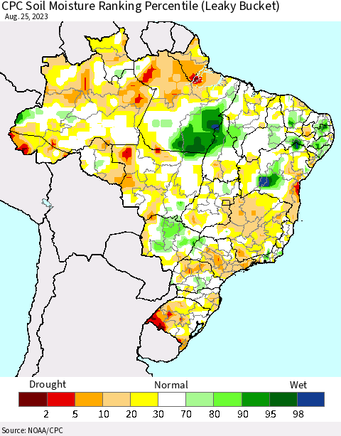 Brazil CPC Soil Moisture Ranking Percentile (Leaky Bucket) Thematic Map For 8/21/2023 - 8/25/2023