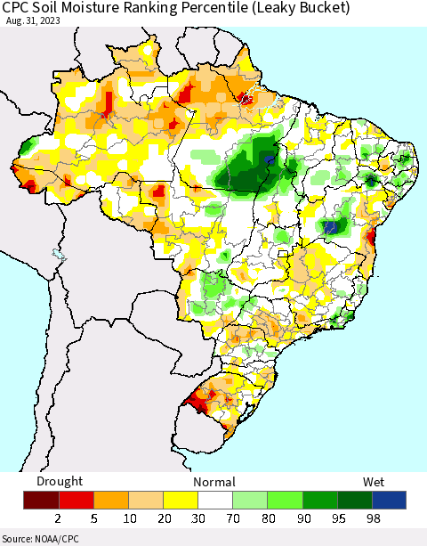 Brazil CPC Soil Moisture Ranking Percentile (Leaky Bucket) Thematic Map For 8/26/2023 - 8/31/2023