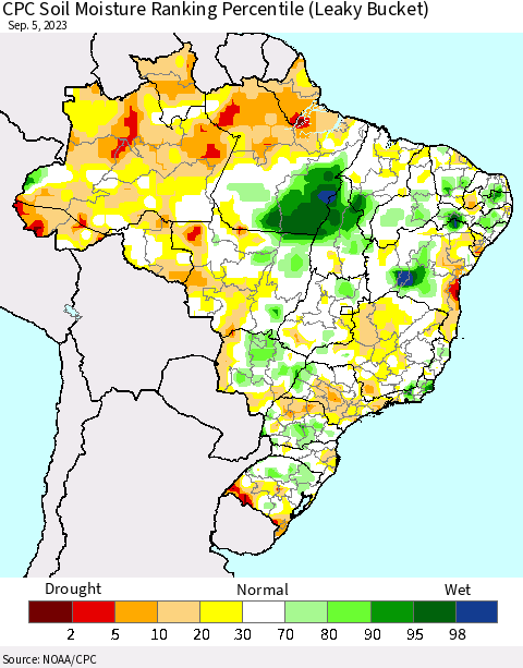Brazil CPC Soil Moisture Ranking Percentile (Leaky Bucket) Thematic Map For 9/1/2023 - 9/5/2023