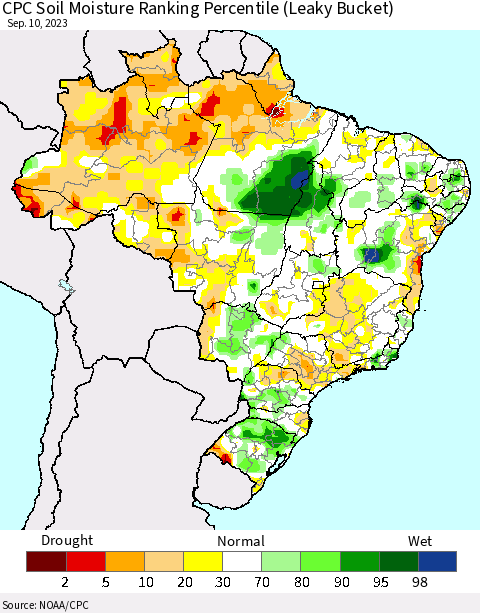 Brazil CPC Soil Moisture Ranking Percentile (Leaky Bucket) Thematic Map For 9/6/2023 - 9/10/2023