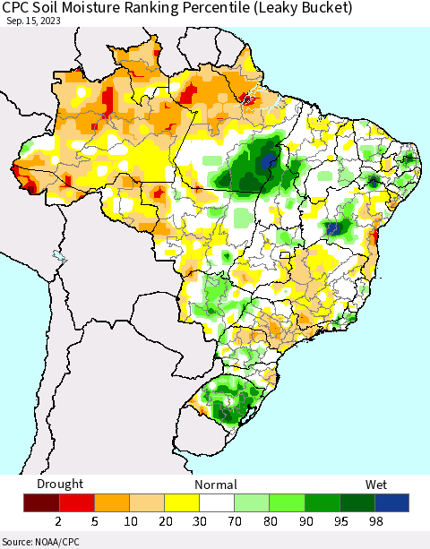 Brazil CPC Soil Moisture Ranking Percentile (Leaky Bucket) Thematic Map For 9/11/2023 - 9/15/2023
