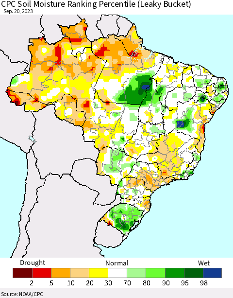 Brazil CPC Soil Moisture Ranking Percentile (Leaky Bucket) Thematic Map For 9/16/2023 - 9/20/2023