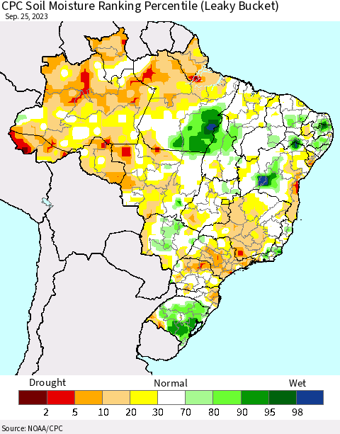 Brazil CPC Soil Moisture Ranking Percentile (Leaky Bucket) Thematic Map For 9/21/2023 - 9/25/2023