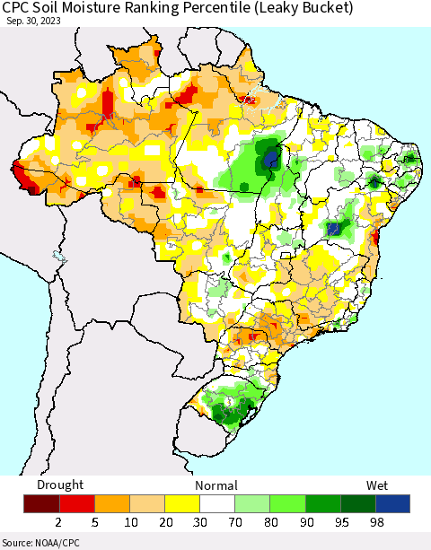 Brazil CPC Soil Moisture Ranking Percentile (Leaky Bucket) Thematic Map For 9/26/2023 - 9/30/2023