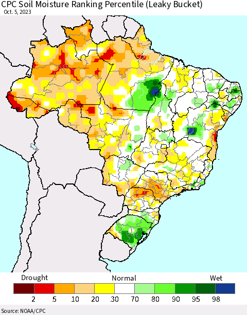 Brazil CPC Soil Moisture Ranking Percentile (Leaky Bucket) Thematic Map For 10/1/2023 - 10/5/2023