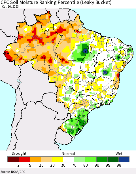 Brazil CPC Soil Moisture Ranking Percentile (Leaky Bucket) Thematic Map For 10/6/2023 - 10/10/2023