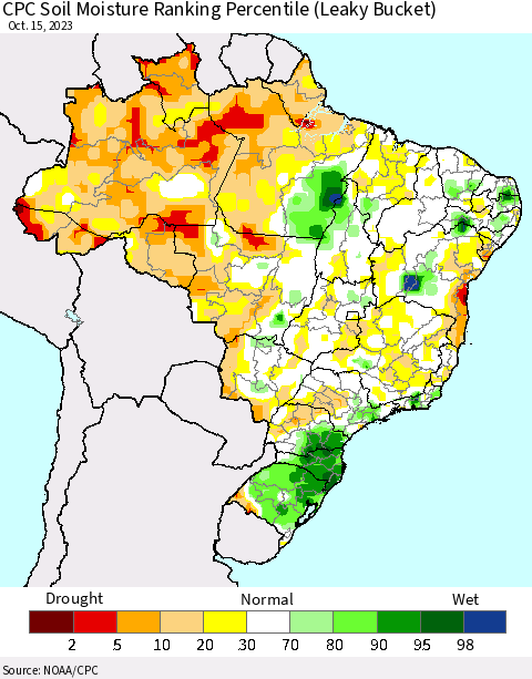 Brazil CPC Soil Moisture Ranking Percentile (Leaky Bucket) Thematic Map For 10/11/2023 - 10/15/2023
