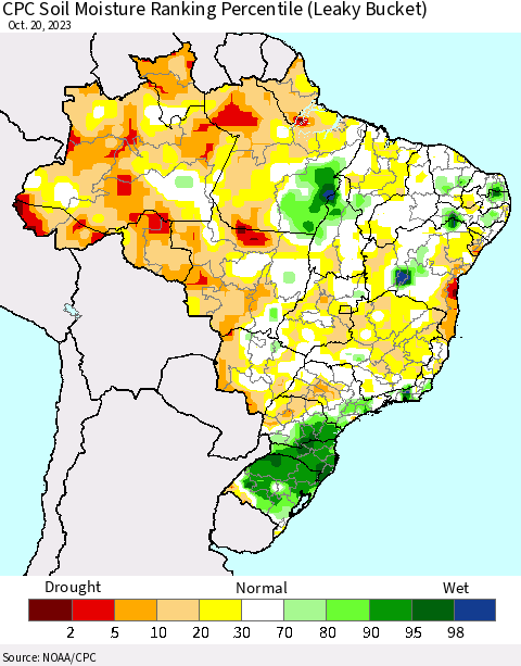 Brazil CPC Soil Moisture Ranking Percentile (Leaky Bucket) Thematic Map For 10/16/2023 - 10/20/2023