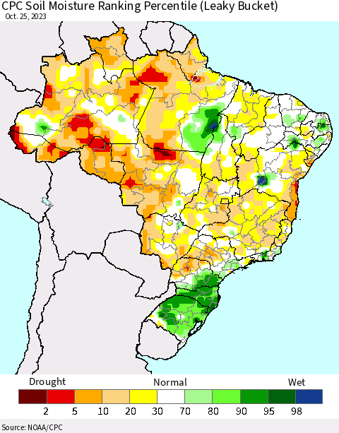 Brazil CPC Soil Moisture Ranking Percentile (Leaky Bucket) Thematic Map For 10/21/2023 - 10/25/2023