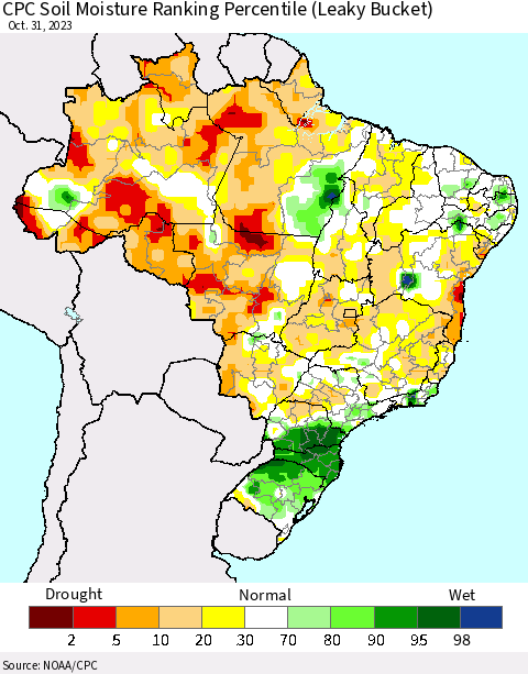 Brazil CPC Soil Moisture Ranking Percentile (Leaky Bucket) Thematic Map For 10/26/2023 - 10/31/2023