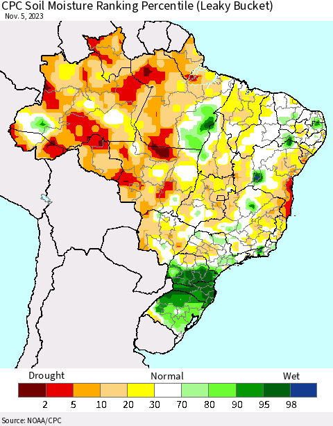 Brazil CPC Soil Moisture Ranking Percentile (Leaky Bucket) Thematic Map For 11/1/2023 - 11/5/2023