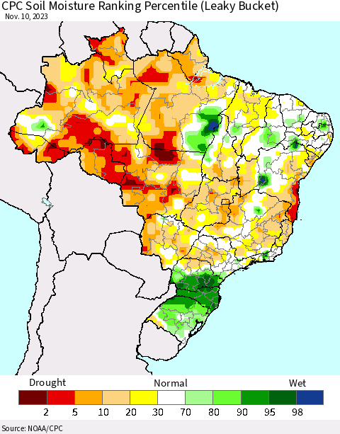 Brazil CPC Soil Moisture Ranking Percentile (Leaky Bucket) Thematic Map For 11/6/2023 - 11/10/2023