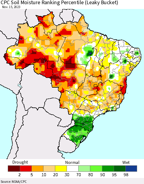 Brazil CPC Soil Moisture Ranking Percentile (Leaky Bucket) Thematic Map For 11/11/2023 - 11/15/2023