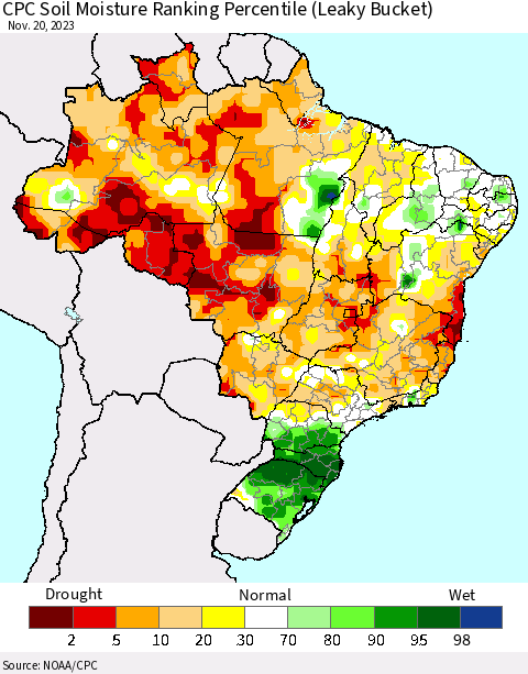 Brazil CPC Soil Moisture Ranking Percentile (Leaky Bucket) Thematic Map For 11/16/2023 - 11/20/2023