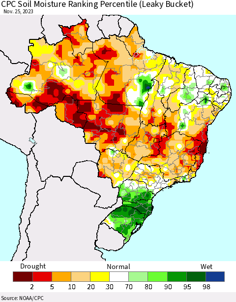 Brazil CPC Soil Moisture Ranking Percentile (Leaky Bucket) Thematic Map For 11/21/2023 - 11/25/2023