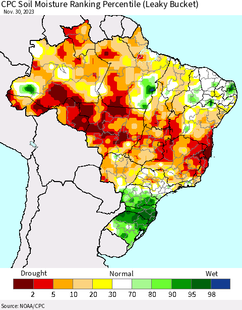 Brazil CPC Soil Moisture Ranking Percentile (Leaky Bucket) Thematic Map For 11/26/2023 - 11/30/2023
