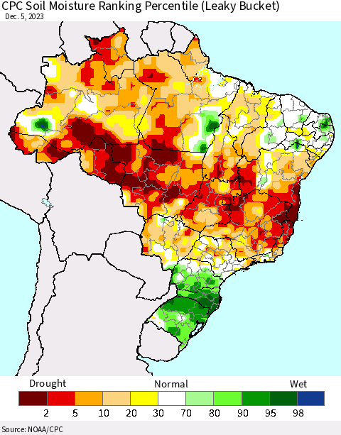 Brazil CPC Soil Moisture Ranking Percentile (Leaky Bucket) Thematic Map For 12/1/2023 - 12/5/2023