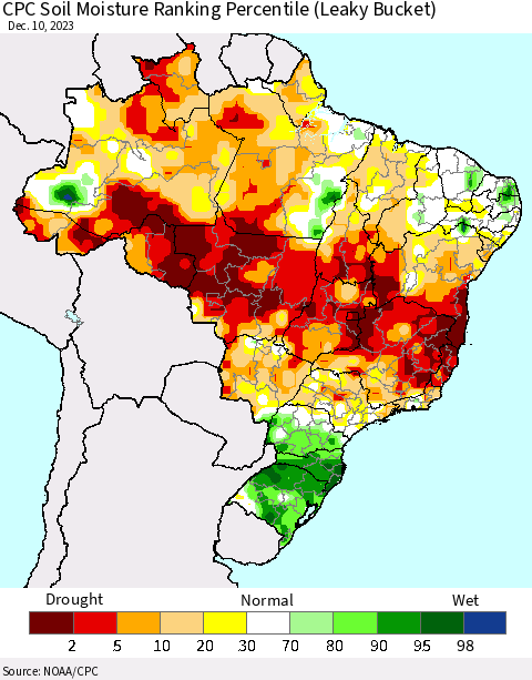 Brazil CPC Soil Moisture Ranking Percentile (Leaky Bucket) Thematic Map For 12/6/2023 - 12/10/2023