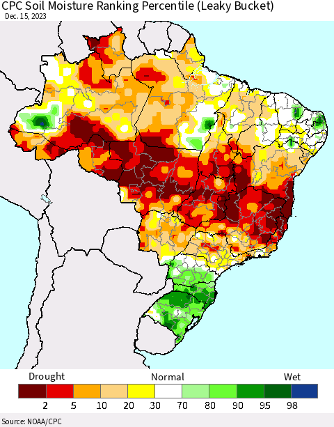 Brazil CPC Soil Moisture Ranking Percentile (Leaky Bucket) Thematic Map For 12/11/2023 - 12/15/2023