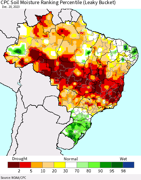 Brazil CPC Soil Moisture Ranking Percentile (Leaky Bucket) Thematic Map For 12/16/2023 - 12/20/2023