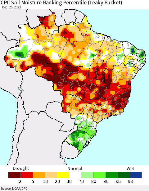 Brazil CPC Soil Moisture Ranking Percentile (Leaky Bucket) Thematic Map For 12/21/2023 - 12/25/2023