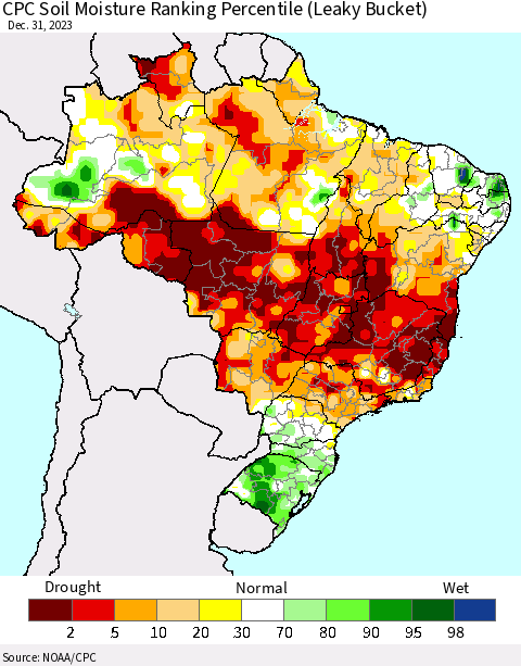 Brazil CPC Soil Moisture Ranking Percentile (Leaky Bucket) Thematic Map For 12/26/2023 - 12/31/2023