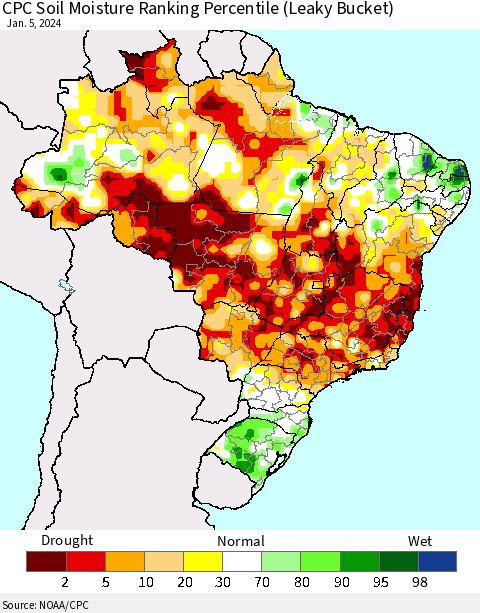 Brazil CPC Soil Moisture Ranking Percentile (Leaky Bucket) Thematic Map For 1/1/2024 - 1/5/2024