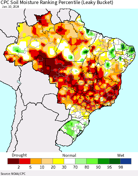 Brazil CPC Soil Moisture Ranking Percentile (Leaky Bucket) Thematic Map For 1/6/2024 - 1/10/2024