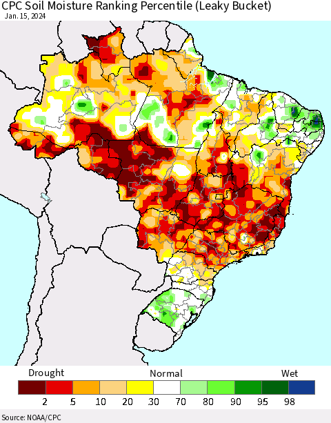 Brazil CPC Soil Moisture Ranking Percentile (Leaky Bucket) Thematic Map For 1/11/2024 - 1/15/2024